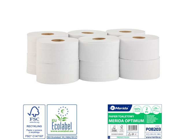 MERIDA OPTIMUM roll toilet paper, white, 2 -ply, 19 cm diameter, recycled paper, 140 m (12 rolls / pack.)